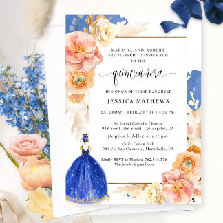 Elegant Royal Blue Floral Princess Quinceañera Einladung