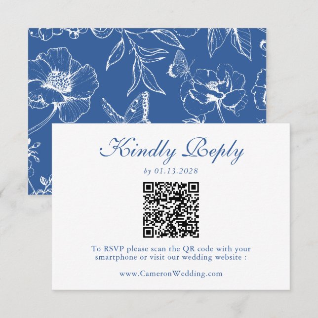 Elegant Royal Blue Floral QR Code Wedding RSVP  Karte (Vorne/Hinten)