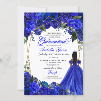 Elegant Royal Blue Floral Quinceanera Birthday Einladung