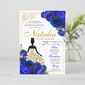 Elegant Royal Blue Floral Quinceanera Birthday Einladung