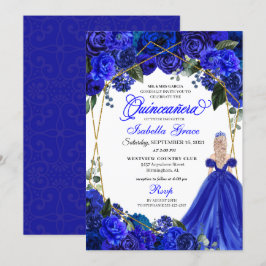 Elegant Royal Blue Floral Quinceanera Birthday Einladung