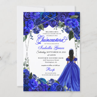 Elegant Royal Blue Floral Quinceanera Birthday Inv Einladung