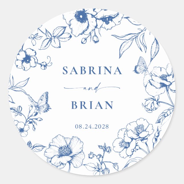 Elegant Royal Blue Floral Wedding Runder Aufkleber (Vorderseite)