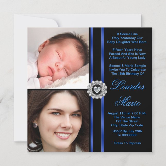 Elegant Royal Blue Foto Quinceanera Einladung (Vorderseite)