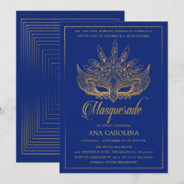 Elegant Royal Blue Glitzer Masquerade Quinceañera Einladung