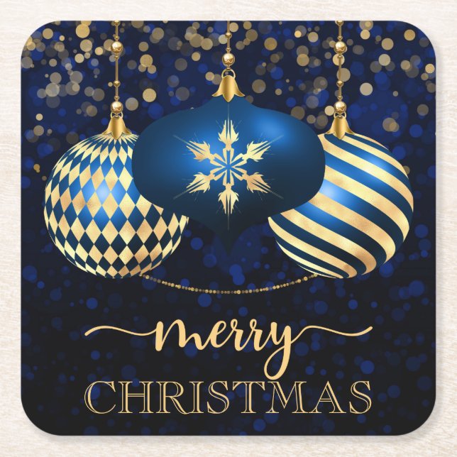 Elegant Royal Blue & Gold Baubles Frohe Weihnachte Rechteckiger Pappuntersetzer (Vorderseite)