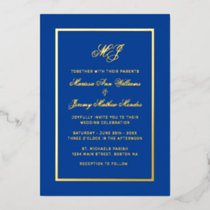 Elegant Royal Blue Gold Calligraphy Script Wedding Folieneinladung