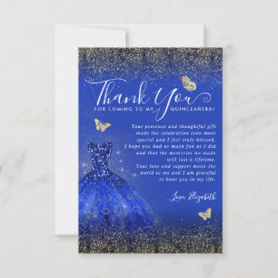 Elegant Royal Blue Gold Glitzer Gown Quinceanera Dankeskarte