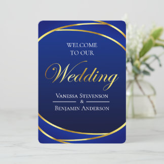 Elegant Royal Blue Gold Lace QR Code Wedding Einladung