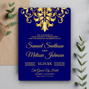 Elégant Royal Blue Gold Mariage damassé Invitation