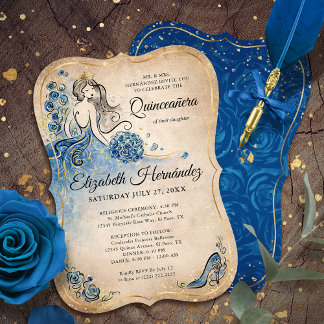 Elegant Royal Blue Gold Princess Quince Birthday Einladung