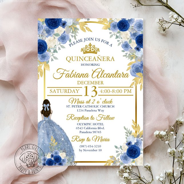 Elegant Royal Blue & Gold Rose Quinceañera  Einladung (Von Creator hochgeladen)