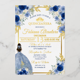 Elegant Royal Blue & Gold Rose Quinceañera Folieneinladung