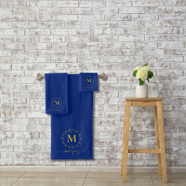 Elegant Royal Blue Gold Wreath Monogram Badhandtuch Set