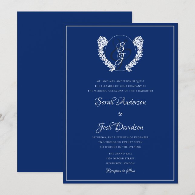 Elegant Royal Blue Monogram Wedding Einladung (Vorne/Hinten)