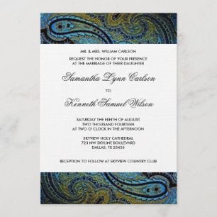 Elegant Royal Blue Peacock Paisley Wedding Einladung