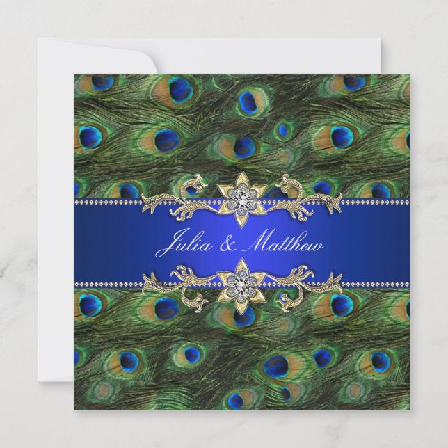 Elegant Royal Blue Peacock Wedding Einladung (Vorderseite)