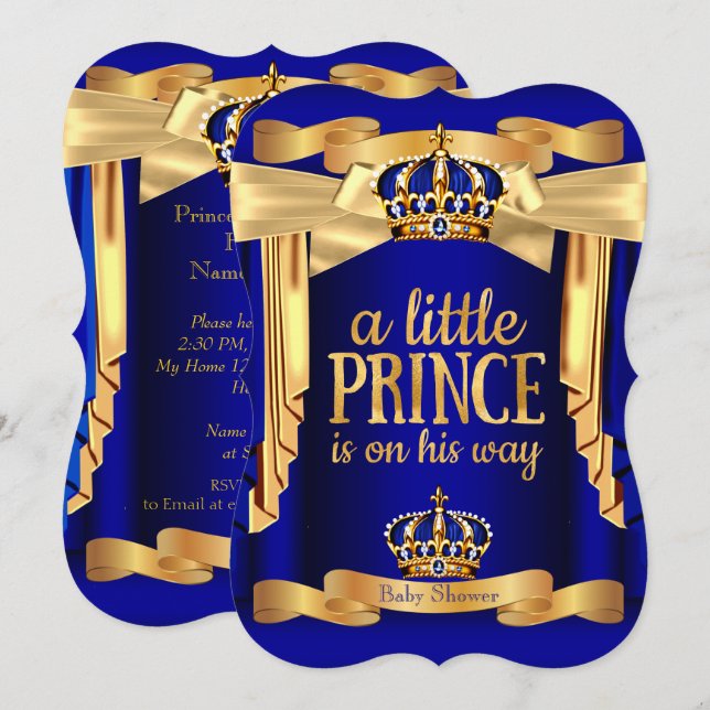 Elegant Royal Blue Prince Baby Duwer Gold Crowns Einladung (Vorne/Hinten)