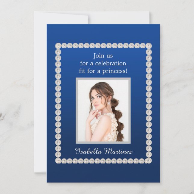 Elegant Royal Blue Quinceñera Foto Pearls Einladung (Vorderseite)
