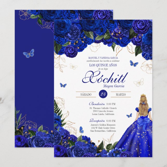 Elegant Royal Blue Rose Butterfly Quinceañera Einladung (Vorne/Hinten)