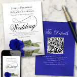 Elegant Royal Blue Rose Extravagant QR Code Weddin Einladung<br><div class="desc">Diese wunderschöne Hochzeitseinladung zeigt ein wunderschönes Foto eines Single, der lange als königsblaue oder kobaltfarbene Rose auf seiner Seite liegt und in einem Wasserbecken mit Wellen und Wellen reflektiert. Das Design verfügt über ein extravagantes Kalligraphieskript mit einem langen, lockigen Schwanz, was es sowohl modern als auch klassisch macht. Elegante, raffinierte...</div>