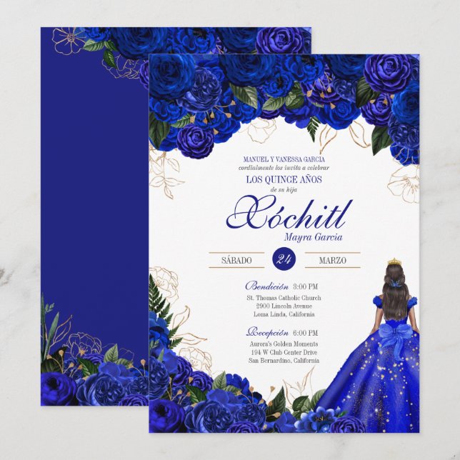 Elegant Royal Blue Rose Floral Quinceñera Einladung (Vorne/Hinten)