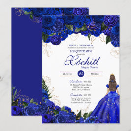 Elegant Royal Blue Rose Floral Quinceñera Invita Einladung