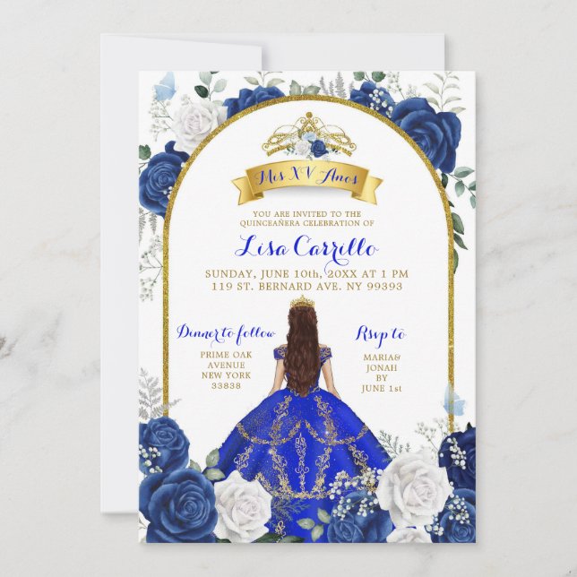 Elégant Royal Blue Rose Mis XV Anos Invitation (Devant)