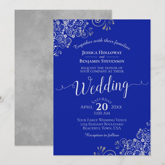 Elegant Royal Blue & Silver Calligraphy Wedding Einladung (Vorne/Hinten)