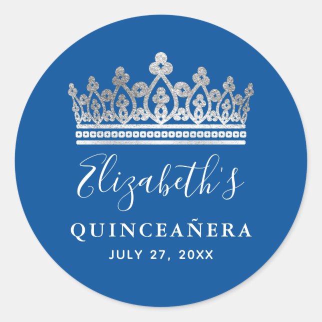 Elegant Royal Blue Silver Crown Quinceanera Runder Aufkleber (Vorderseite)