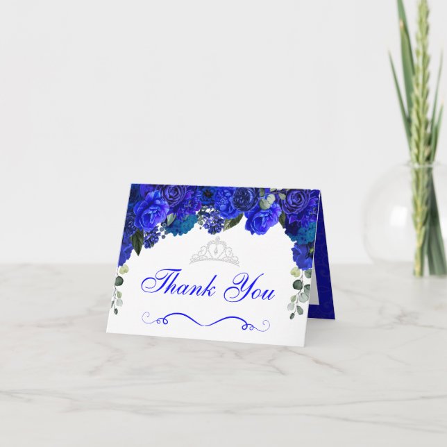 Elegant Royal Blue Silver Floral Vielen Dank Einladung (Vorderseite)