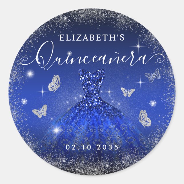 Elegant Royal Blue Silver Glitzer Gown Quinceañera Runder Aufkleber (Vorderseite)