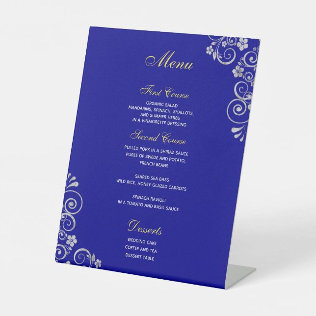Elegant Royal Blue Silver Script Wedding Menu Sockelschild (Vorderseite)