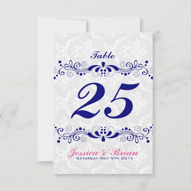 Elegant Royal-Blue Tones Floral Lace White Damasku Einladung (Vorderseite)