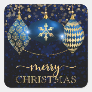 Elegant Royal Blue und Gold Bauble Frohe Weihnacht Quadratischer Aufkleber