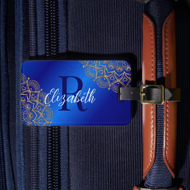 Elegant Royal Blue und Gold Mandala Mit Monogramm Gepäckanhänger (Vorderseite Insitu 4)