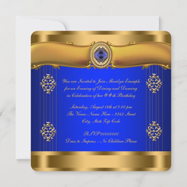 Elegant Royal Blue und Gold zum Geburtstag Einladung (Rückseite)