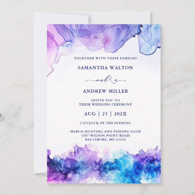 Elegant Royal Blue und Lila Wedding Einladung (Vorderseite)