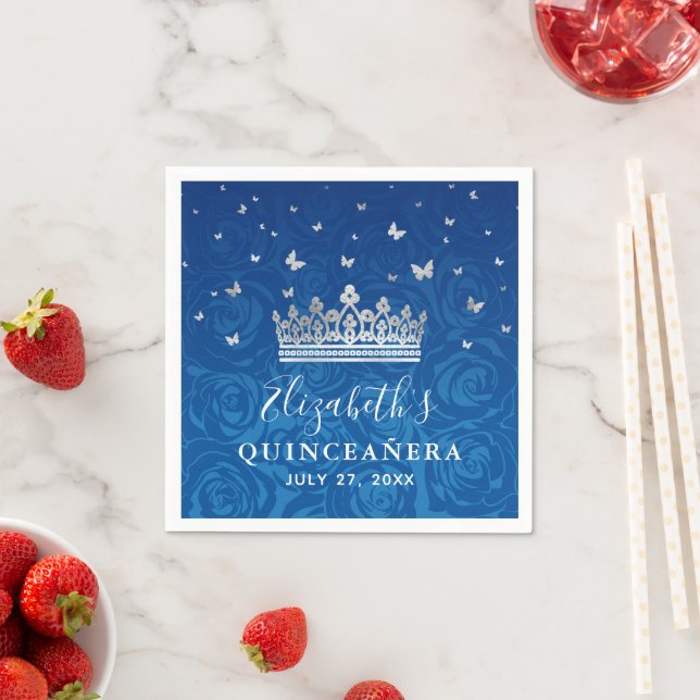Elegant Royal Blue und Silver Crown Quinceanera Serviette (Beispiel)