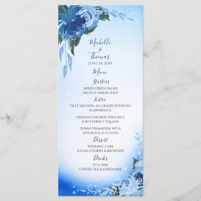 Elegant Royal Blue Watercolor Menükarte (Vorderseite)