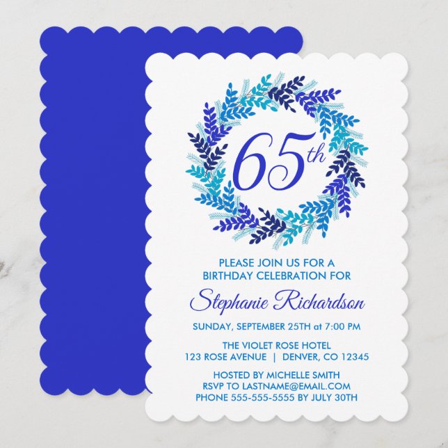 Elegant Royal Blue Wreath 65. Geburtstag Einladung (Vorne/Hinten)