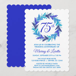 Elegant Royal Blue Wreath 75. Hochzeitstag Einladung