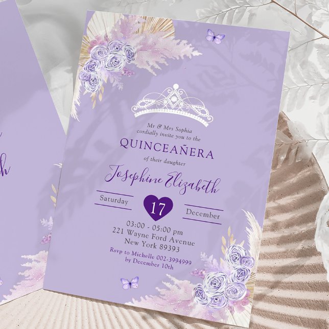 Elegant Royal Boho Lilac Floral Mis Quince Años Einladung (Von Creator hochgeladen)