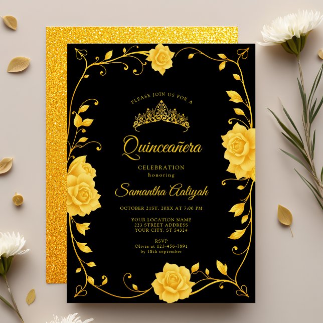 Elegant Royal Golden Floral Quinceñera Einladung (Von Creator hochgeladen)
