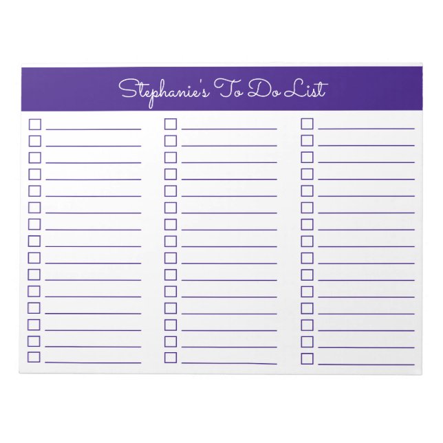 Elegant Royal Purple 8.5x11 Three Column Checklist Notizblock (Vorderseite)