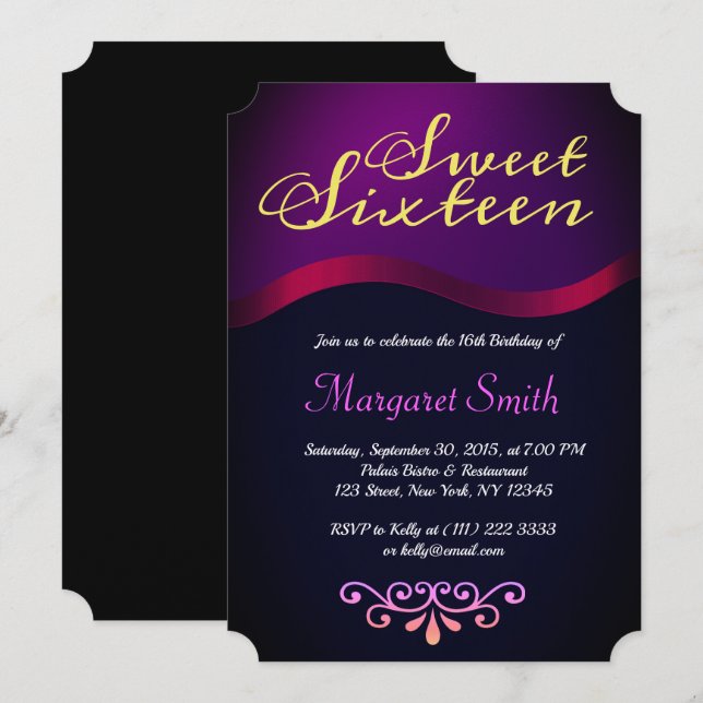 Élégant Royal Purple Sweet 16 Invitation de parti (Devant / Derrière)