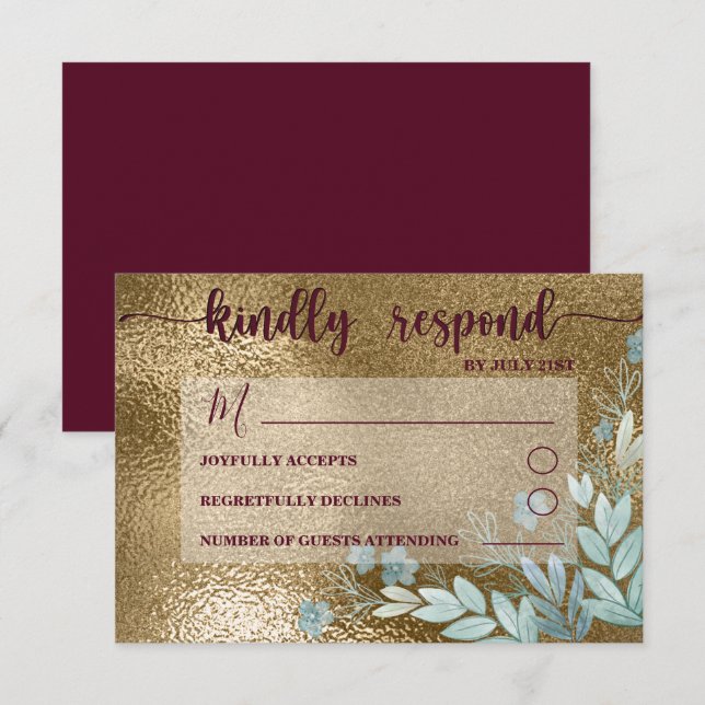 Elégant RSVP Mariage de feuillage noir et bordeaux (Devant / Derrière)