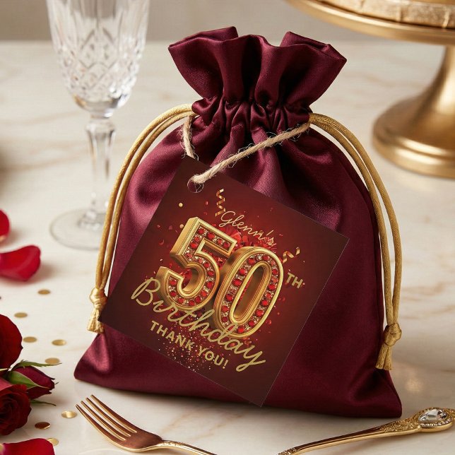 Elegant Ruby Red and Gold 50th Birthday Thank You Geschenkanhänger (Von Creator hochgeladen)
