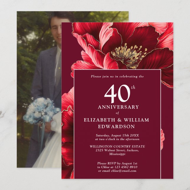 Elegant Ruby Red Floral 40-jähriges Foto Einladung (Vorne/Hinten)