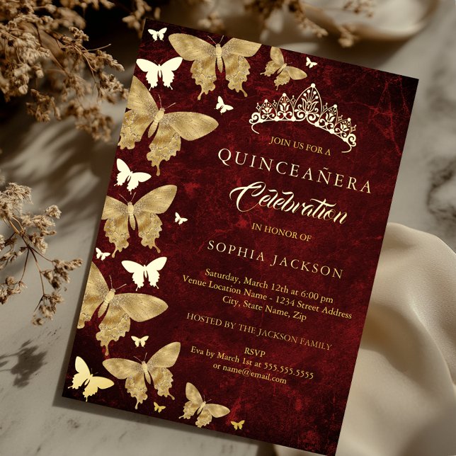 Elegant Ruby Red Gold Butterfly Quinceanera Folieneinladung (Von Creator hochgeladen)